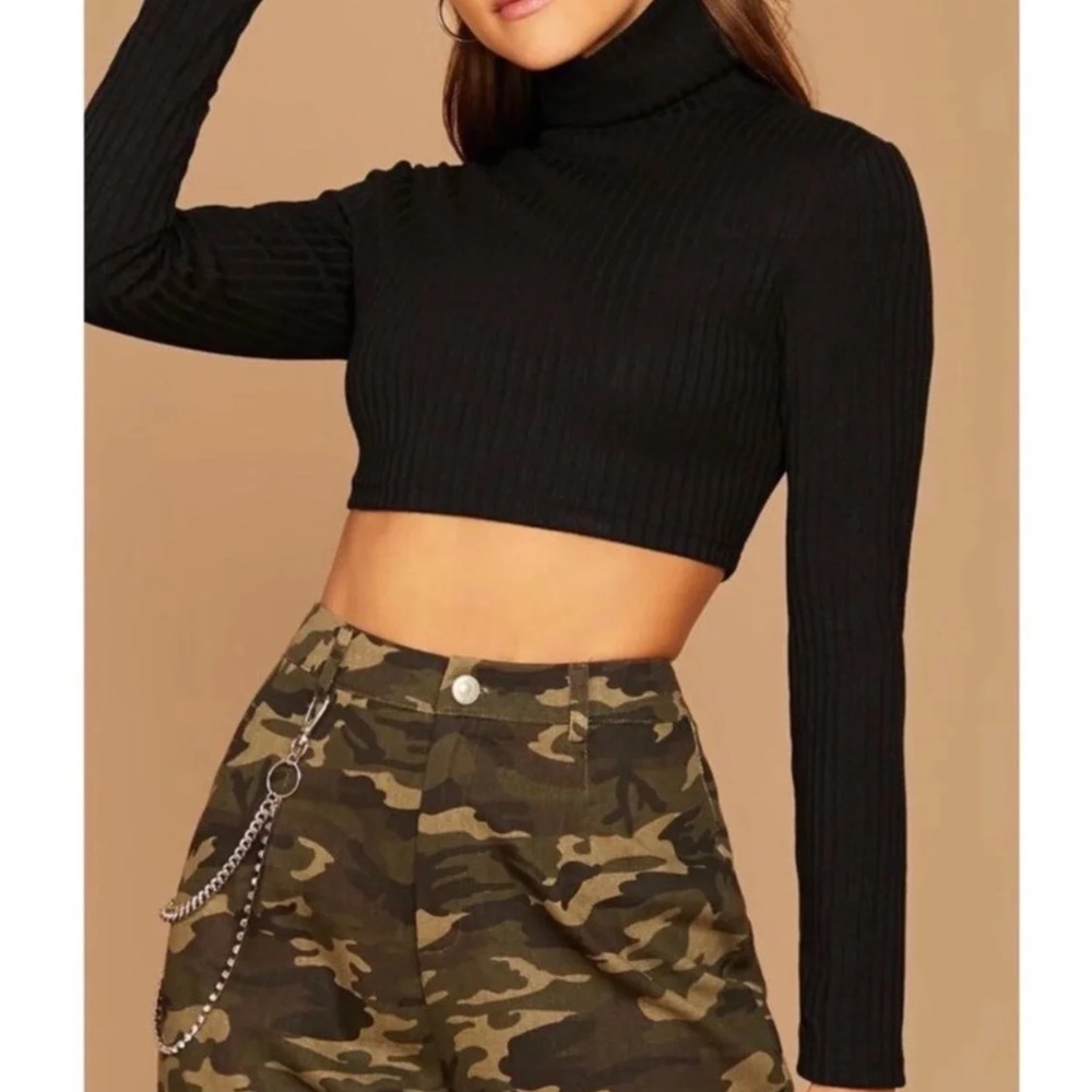 Black Ribbed Turtle Neck Crop Top